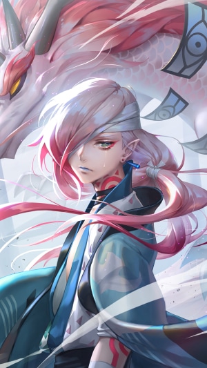 Anime warrior with pink hair and a dragon