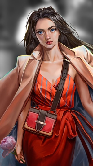 Artwork of a woman with a red dress and purse