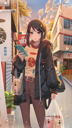 Anime girl with bubble tea in the rain