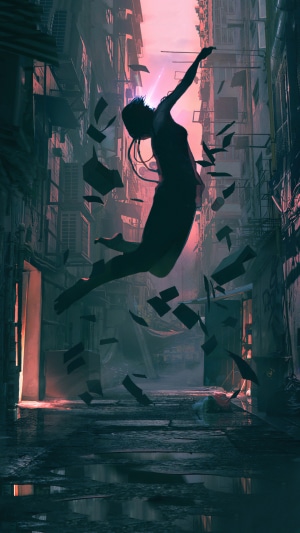 Silhouette of a woman jumping in a futuristic alley