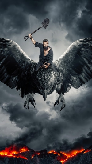 Man riding a giant bird over lava