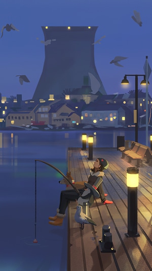 Girl fishing on a pier with a cooling tower in the background