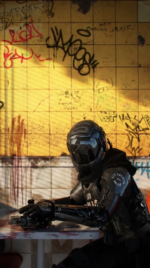 Robot police officer sitting at a table