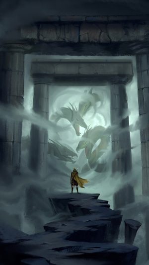 Man in yellow cape facing hydra dragons in ruins