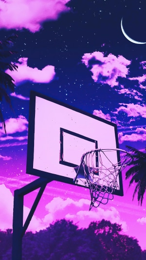 Basketball hoop under a starry pink and purple sky