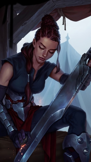 Warrior sharpening a large sword