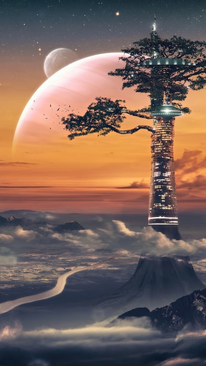 Surreal alien landscape with futuristic tree-like skyscraper