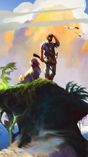 Man and dog on a cliff with birds