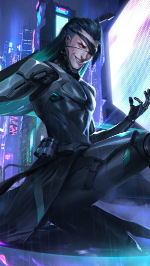Man with eyepatch and teal hair in cyberpunk city