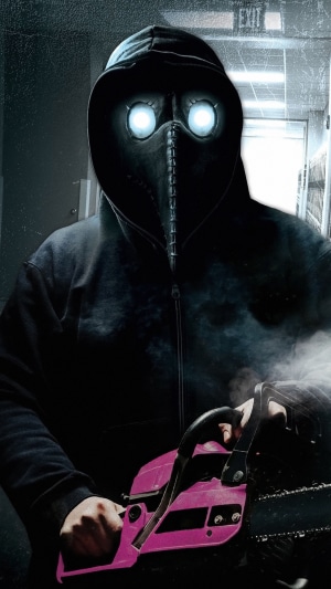 Person in Plague Doctor Mask with Chainsaw