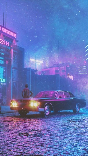 Synthwave retro car and city 4K