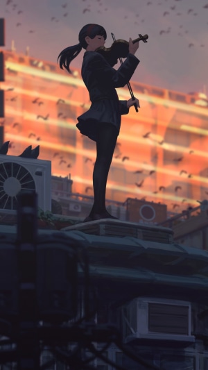 Anime girl playing violin on a rooftop at sunset