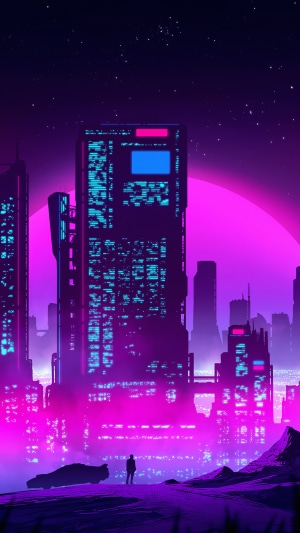 Synthwave cityscape with a lone figure and car