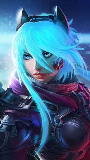Sci-fi artwork of a woman with blue hair