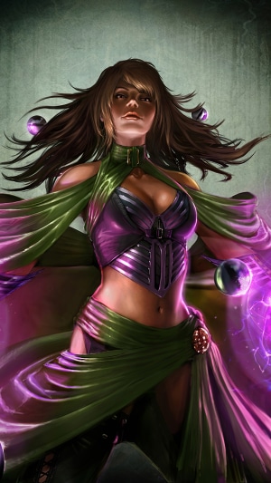 Fantasy woman with purple and green attire casting magic