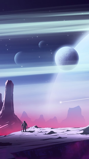Astronaut on alien planet with rings and moons