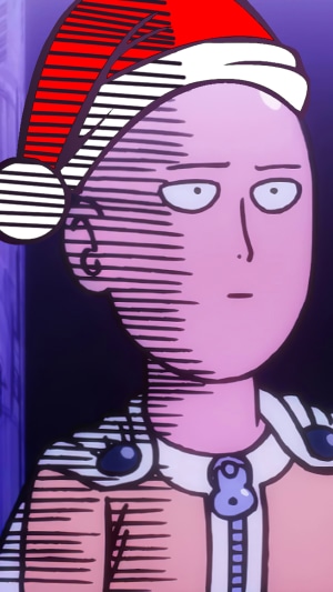 Saitama from One Punch Man wearing a Santa hat