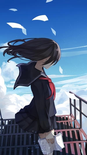 Anime girl in school uniform on stairs
