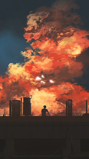 Silhouette of a person on a rooftop against a dramatic sky