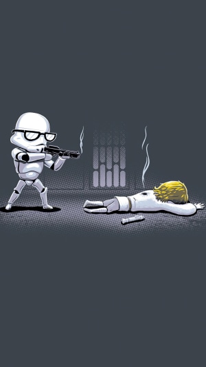 Stormtrooper with glasses aiming at fallen Luke Skywalker from Star Wars