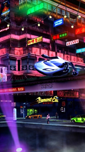 Sci-fi cityscape with flying vehicle and neon signs