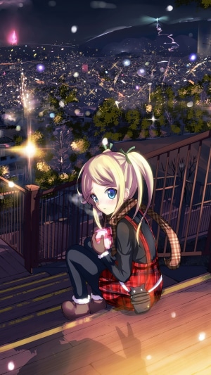 Anime girl with pigtails holding a mug in a city at night