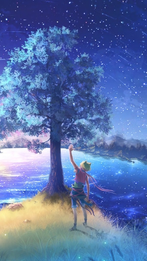 Anime artwork of a person under a tree at night
