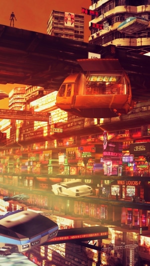 Cyberpunk city with flying vehicles and neon signs