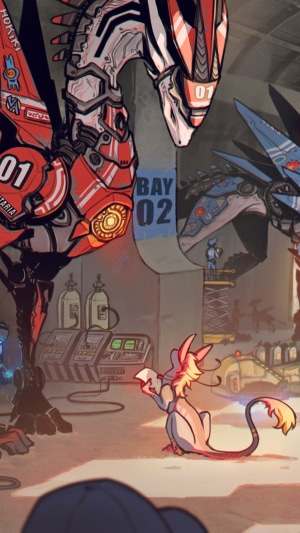 Robotic dragons in a bay with a furry creature
