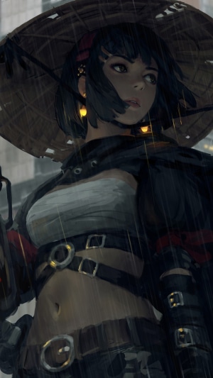Anime girl with straw hat in the rain