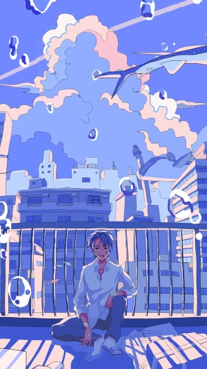 Anime boy sitting on a rooftop with a cityscape and clouds