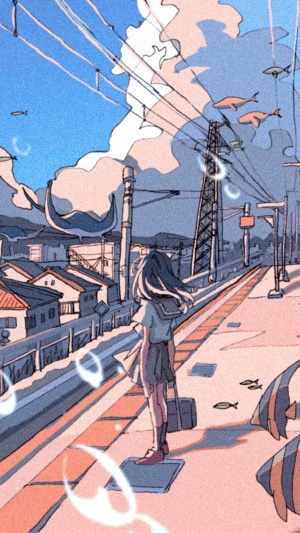 Anime girl at a train station with fish in the sky