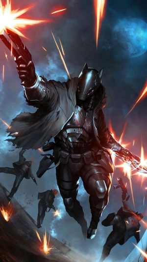 Artwork of Batman in a futuristic suit with guns