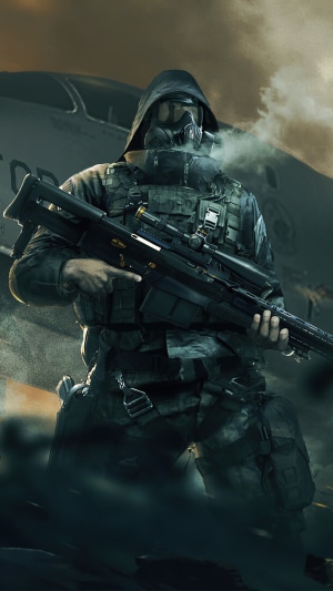 Soldier with sniper rifle and gas mask