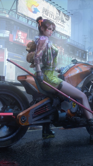 Girl with teddy bear on a motorcycle in a city