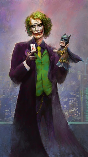 Joker holding Batman puppet from artwork