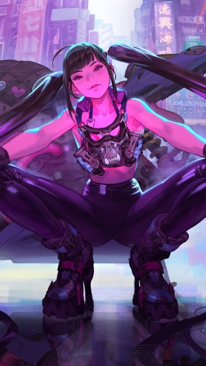 Girl with pigtails and gas mask in cyberpunk city