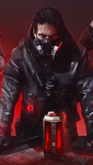 Man with gas mask and grenade from Tom Clancy's The Division 2