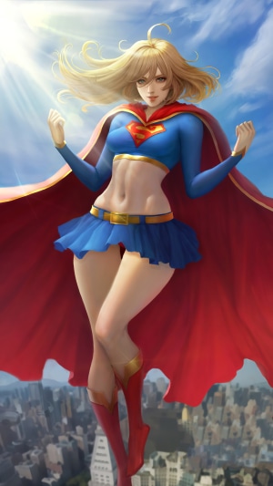 Supergirl from DC Comics flying over a city