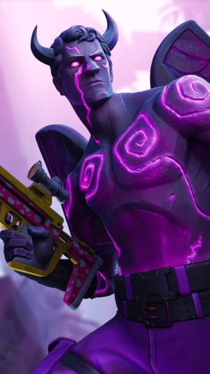 Fortnite character with horns and glowing purple markings