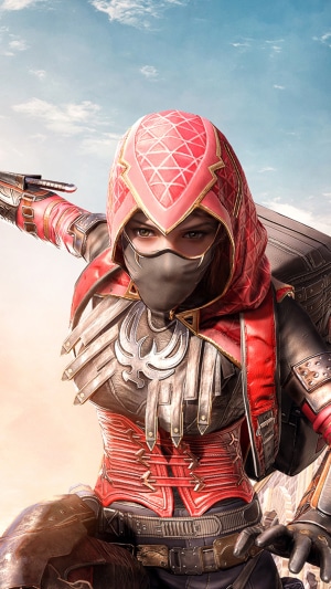 Female character from PUBG in red and black outfit