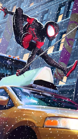 Spider-Man from Marvel swinging through a snowy city