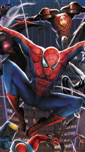 Spider-Man and other Spider-People in a city
