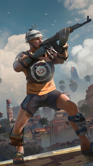 Man with AK-47 in futuristic city