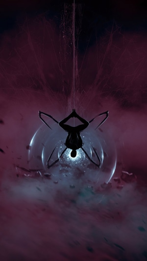 Spider-Man hanging from web in front of glowing portal
