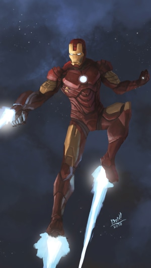 Iron Man flying in space with stars