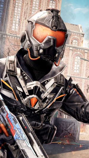 PlayerUnknown's Battlegrounds character with futuristic armor and weapon