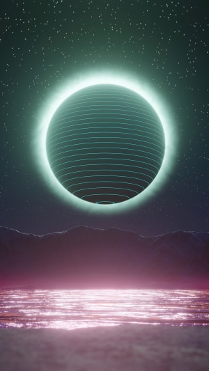 Digital art of a glowing planet over water
