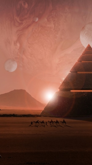 Digital art of a desert landscape with pyramids and camels