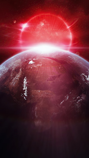 Digital art of a planet and a red sun